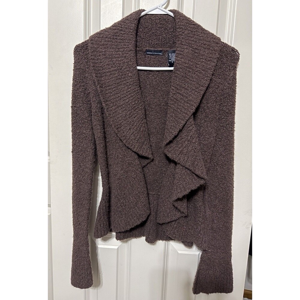 Vtg Moda International S Brown Bouclé Waterfall Cardigan Sweater Wool Blend